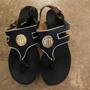 Tommy Hilfiger Black Sandals with Gold Emblem